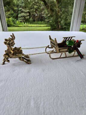 Vintage Solid Brass Sleigh and 2 Prancing Reindeer Christmas Holiday Decor